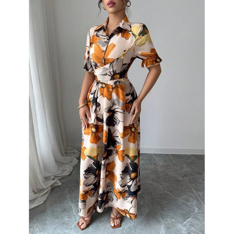 Women's printed puff sleeve casual dress with blouse collar and cross-tie waist, by FitiqueFit, perfect for stylish everyday wear.