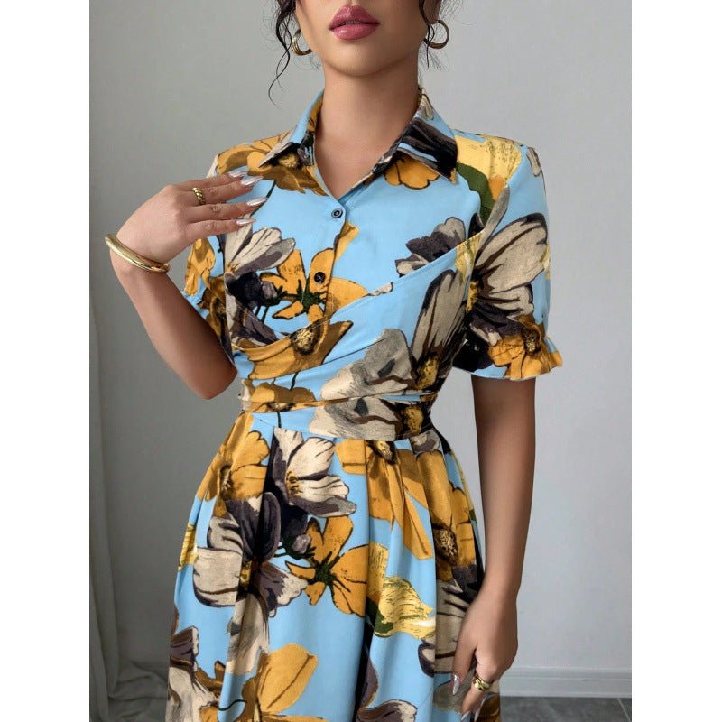 Women’s printed puff sleeve casual dress by FitiqueFit with blouse collar and cross-tie waist, perfect for stylish everyday wear.