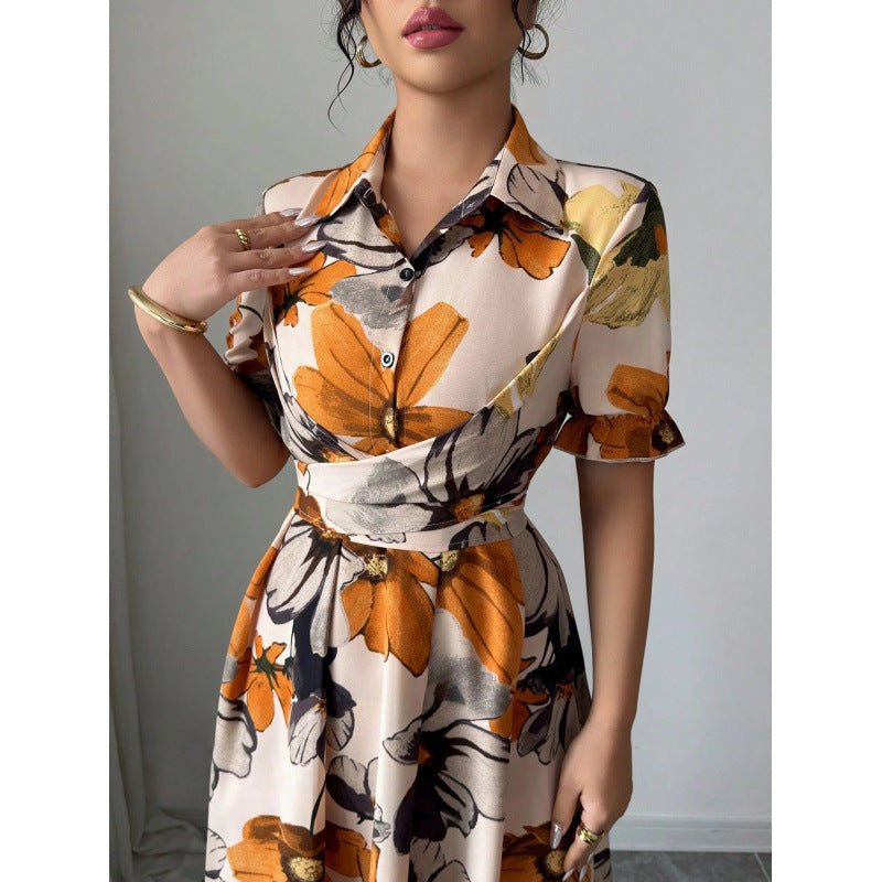 Women’s printed puff sleeve dress with blouse collar and cross-tie waist, casualwear by FitiqueFit, shown on a model.