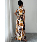 Women’s printed puff sleeve dress with blouse collar and cross-tie waist, casualwear from FitiqueFit