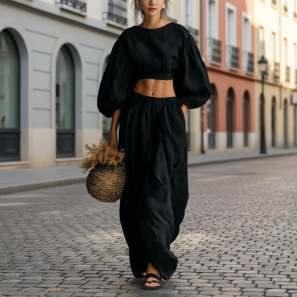 Women’s puff-sleeve crew-neck two-piece casualwear set with pockets by Plush Fashion Hub, featuring a relaxed fit and comfortable fabric.