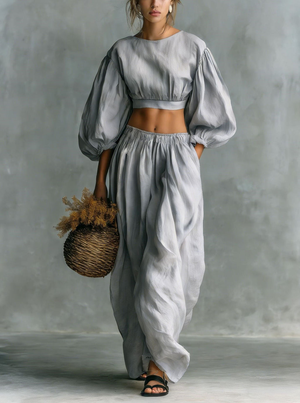 Women's puff-sleeve crew-neck two-piece casual set with pockets, made by Plush Fashion Hub, shown on a model.