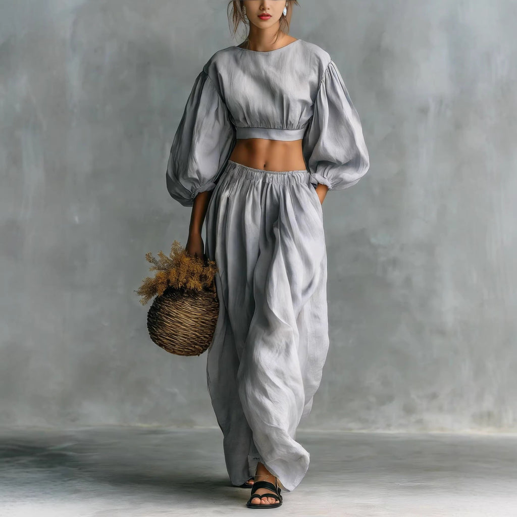 Women's casual two-piece set with puff sleeves, crew neck, and pockets by Plush Fashion Hub, featuring comfortable, stylish design.