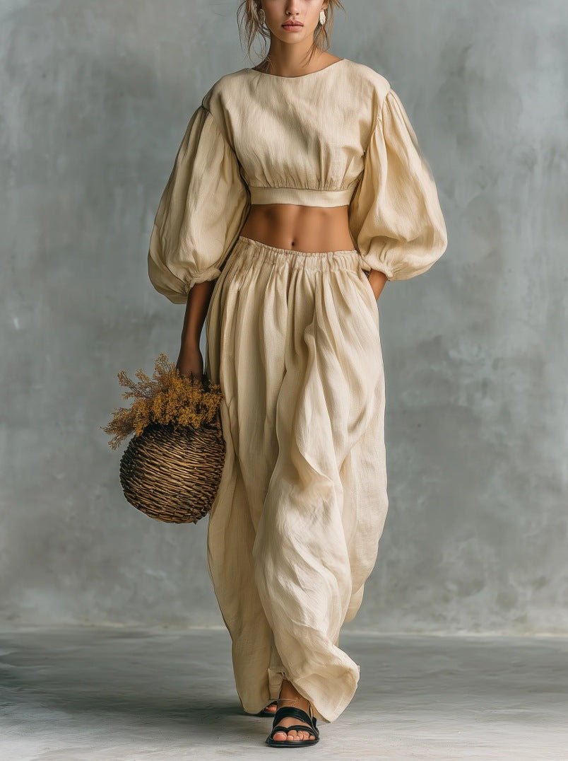 Women’s casual puff-sleeve crew-neck two-piece set with pockets by Plush Fashion Hub, featuring a relaxed fit and comfortable style.