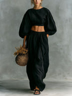 Women's casual two-piece set by Plush Fashion Hub with puff sleeves, crew neck, and pockets, perfect for comfortable everyday wear.