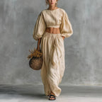 Women's puff-sleeve crew-neck two-piece casualwear set with pockets, by Plush Fashion Hub, shown in a comfortable, stylish outfit.