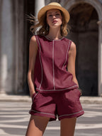 Women's quilted sleeveless top and shorts set by FitiqueFit, casual resort wear with a relaxed, stylish look.