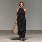 Women's FitiqueFit ruffled halterneck sleeveless open-back maxi dress, perfect casual resort wear, flowing and feminine.