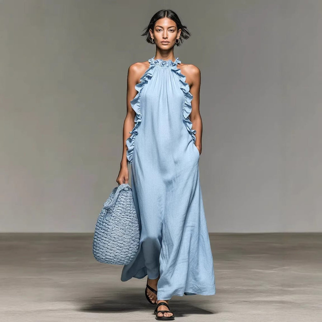 Women's ruffled halterneck sleeveless open-back maxi dress by FitiqueFit, perfect for resort casualwear.