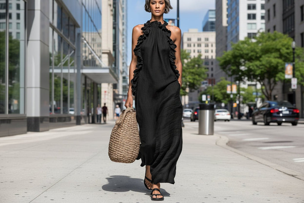 Women's resort ruffled halterneck sleeveless open-back maxi dress by FitiqueFit, featuring a flowy design and elegant open-back style.