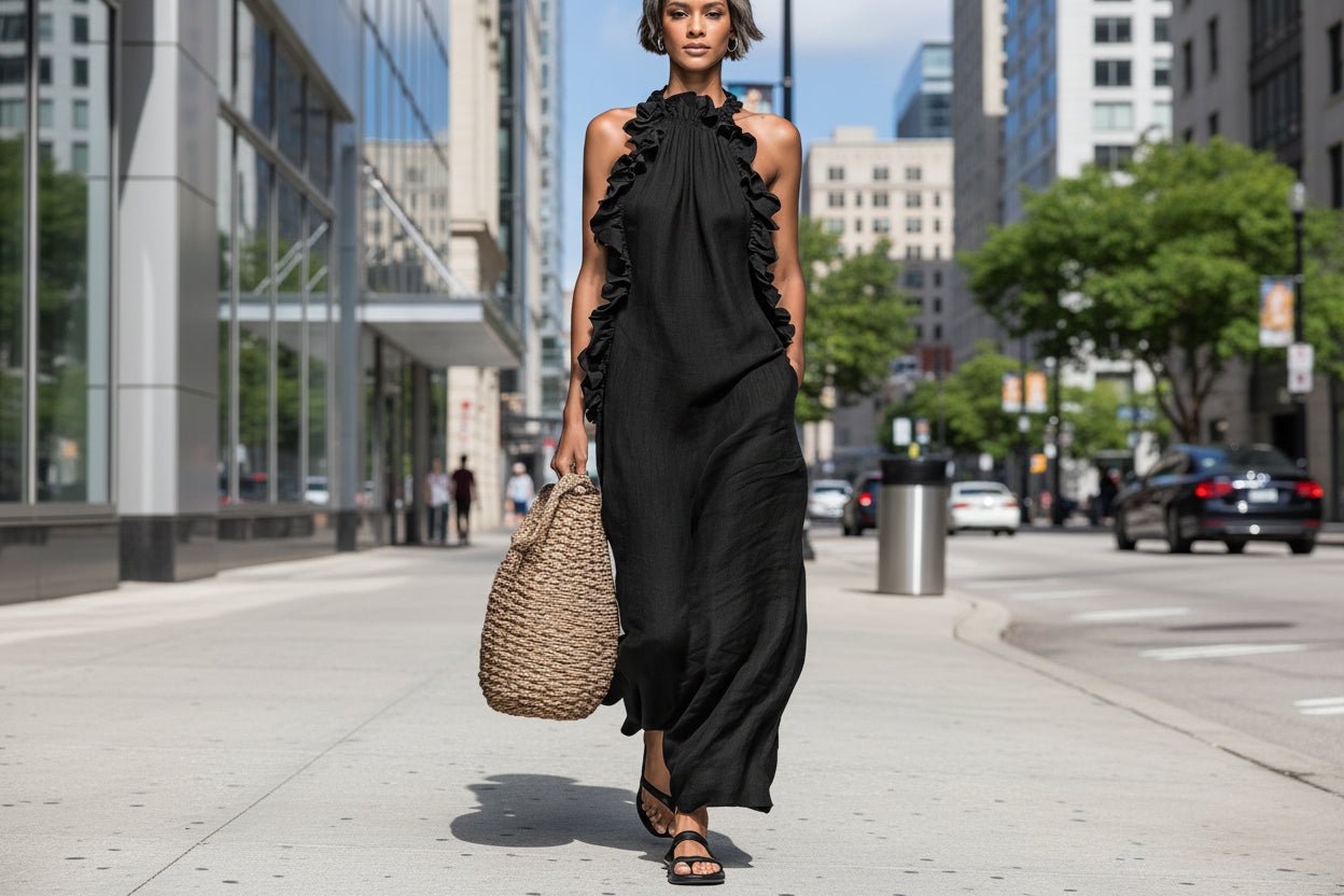 Women's resort ruffled halterneck sleeveless open-back maxi dress by FitiqueFit, featuring a flowy design and elegant open-back style.