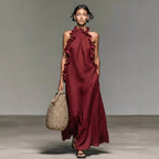 Women's FitiqueFit ruffled halterneck sleeveless open-back maxi dress, perfect casual resort wear with a flowing silhouette.