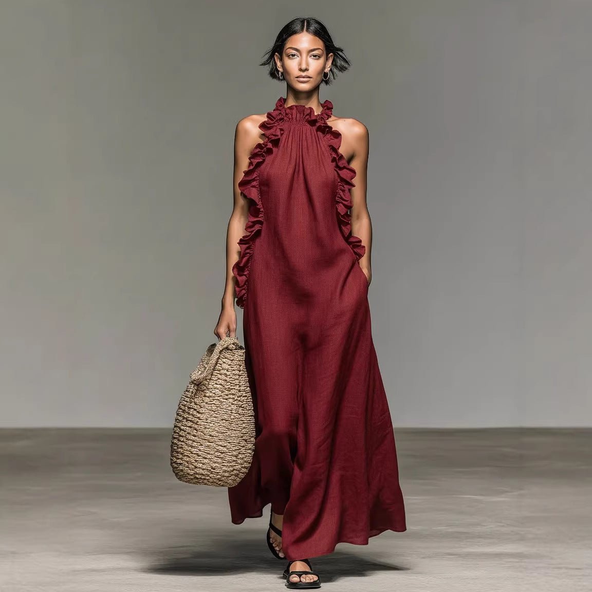 Women's FitiqueFit ruffled halterneck sleeveless open-back maxi dress, perfect casual resort wear with a flowing silhouette.