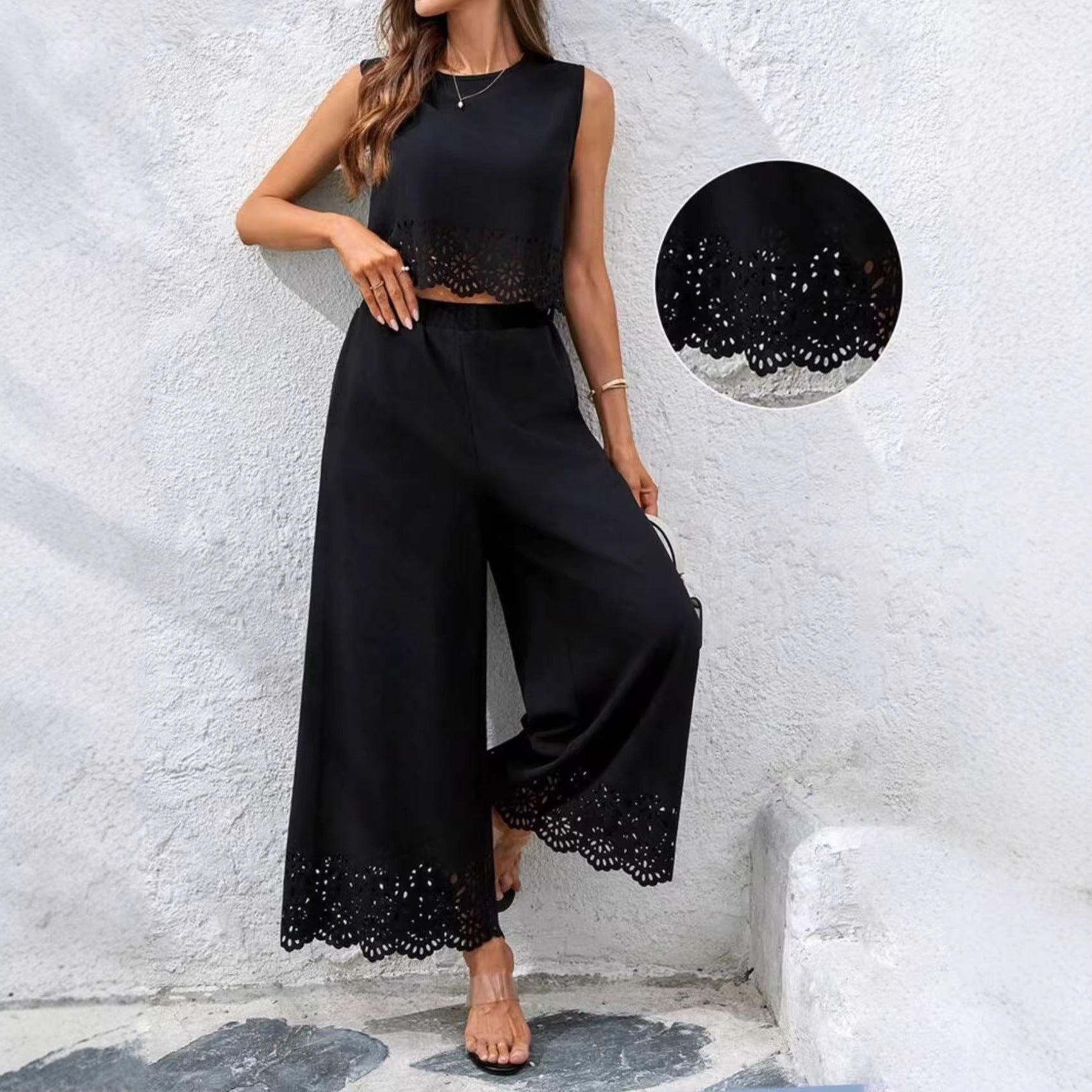 Women’s resort-style hollow-out tank top and pants set by FitiqueFit, casualwear with pockets, perfect for warm-weather relaxed looks.