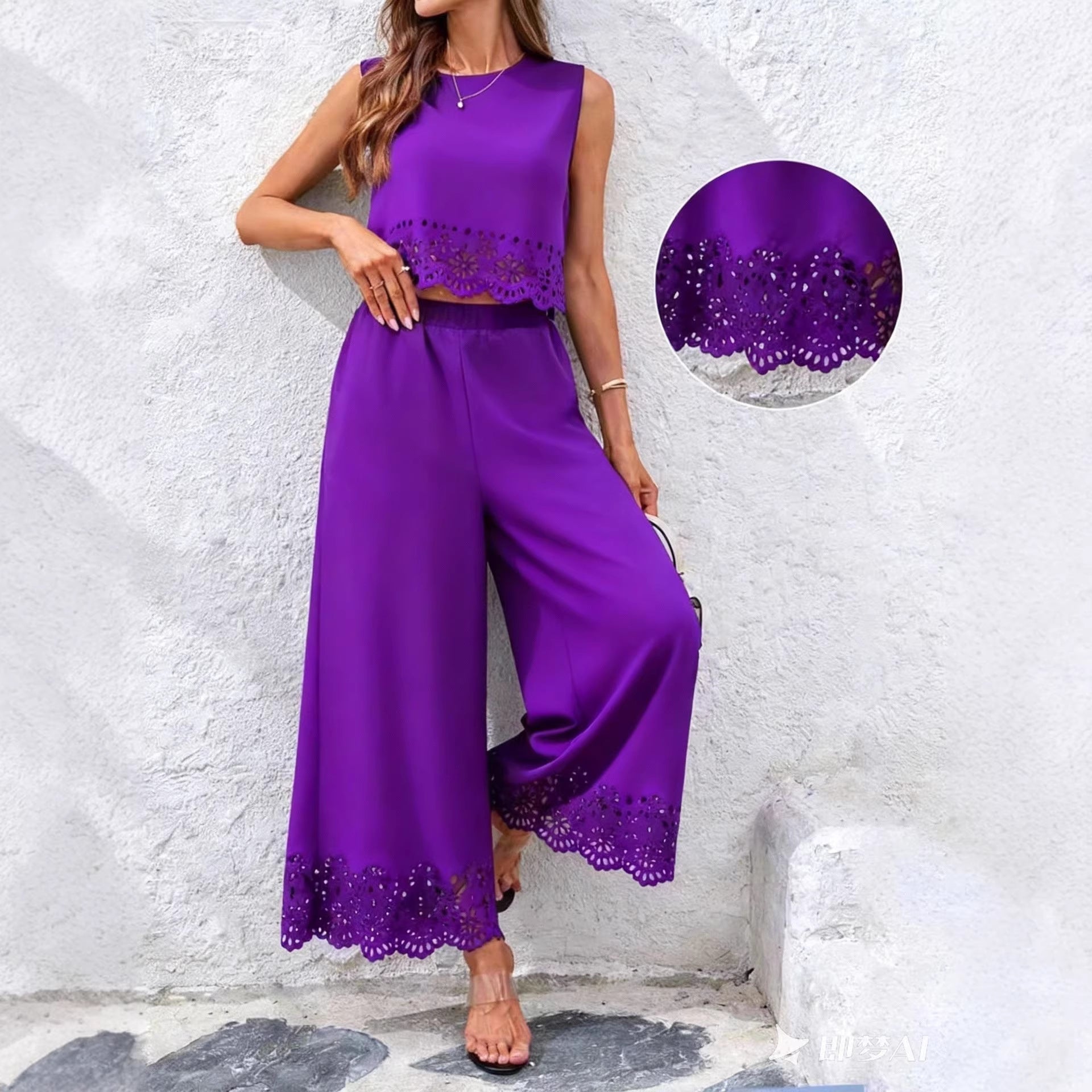 Women's resort-style hollow-out tank top and pants set by FitiqueFit, featuring casualwear design with pockets in a relaxed fit.