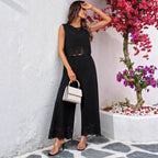 Women’s resort-style hollow-out tank top and pants set by FitiqueFit, casualwear with pockets, lightweight and stylish for warm weather.