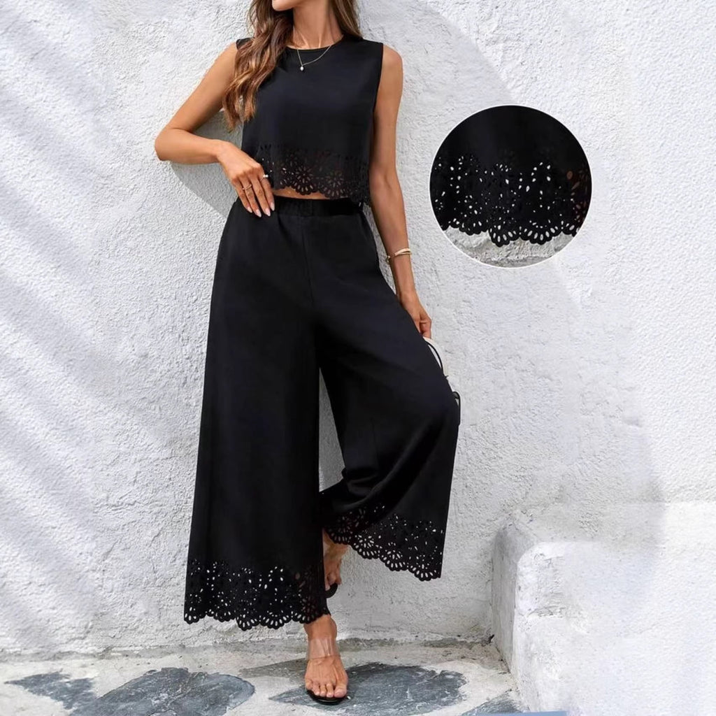 Women's resort-style hollow-out tank top and pants set from FitiqueFit, casualwear with pockets, featuring a relaxed, stylish design.