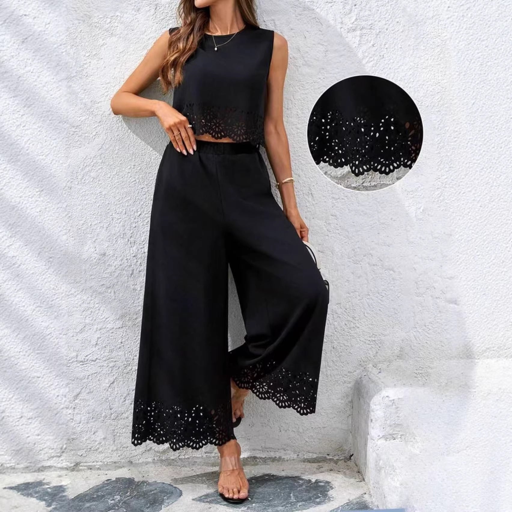 Women's resort-style hollow-out tank top and pants set from FitiqueFit, casualwear with pockets, featuring a relaxed, stylish design.