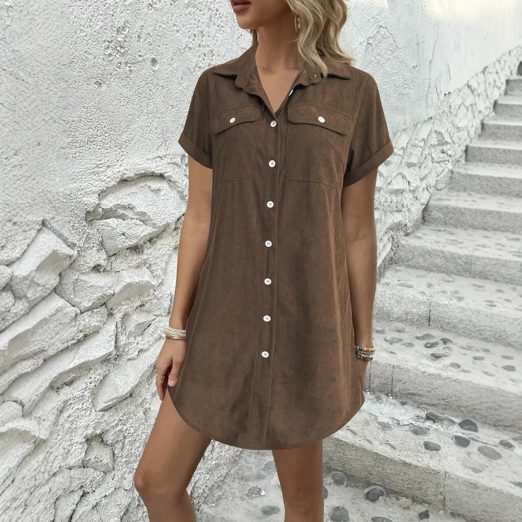 Women’s retro casual corduroy short sleeve shirt dress by FitiqueFit, featuring a classic collar and relaxed fit.
