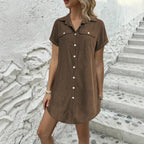 Women’s retro casual corduroy short sleeve shirt dress by FitiqueFit, featuring a classic collar and relaxed fit.
