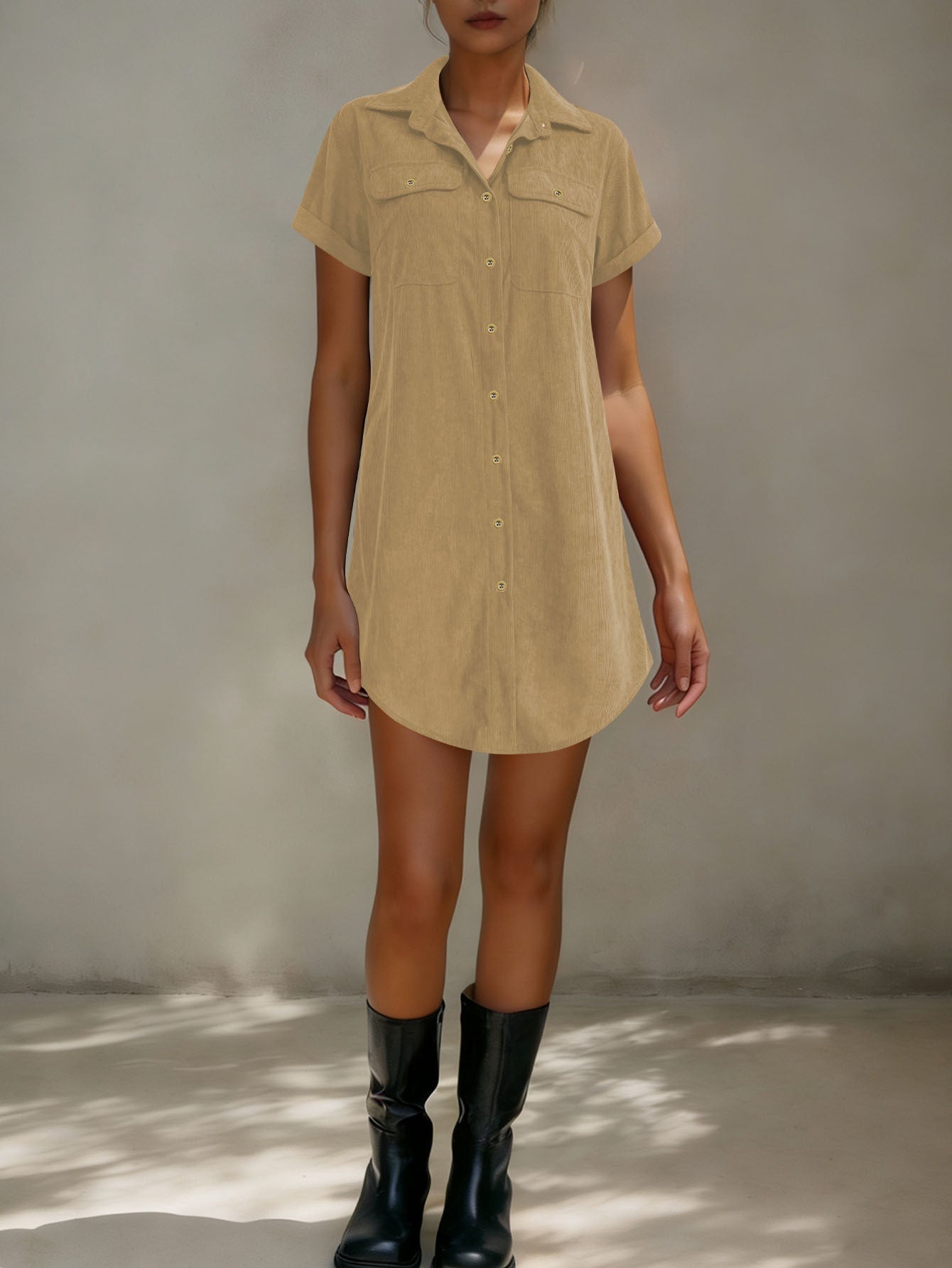 Women’s retro casual corduroy short sleeve shirt dress by FitiqueFit, shown in a stylish, relaxed fit with a button-front design.
