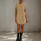 Women’s retro casual corduroy short sleeve shirt dress by FitiqueFit, shown in a relaxed fit with classic collar and button front.