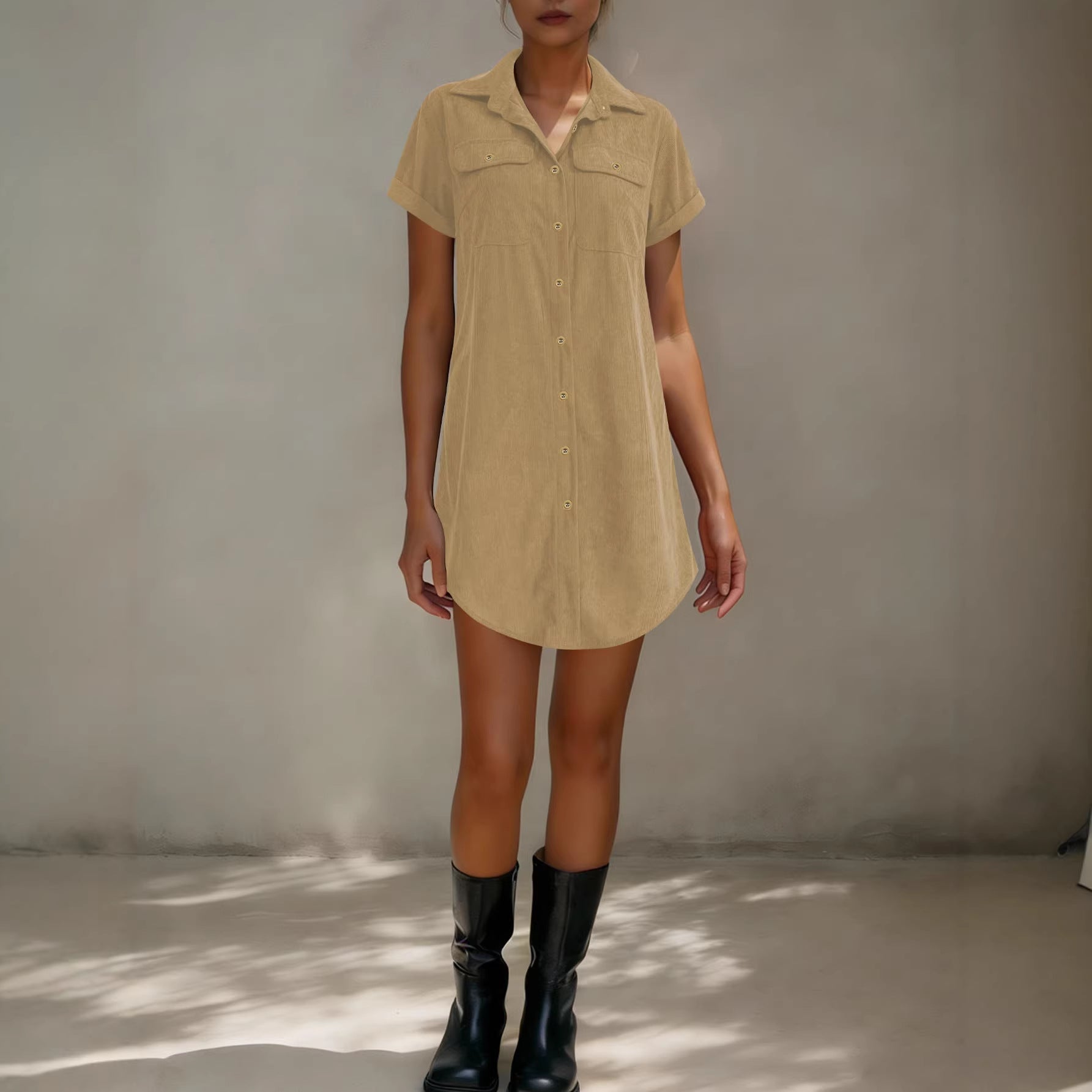 Women’s retro casual corduroy short sleeve shirt dress by FitiqueFit, shown in a relaxed fit with classic collar and button front.