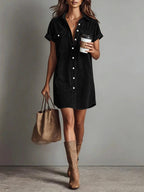 Women’s retro casual corduroy short sleeve shirt dress by FitiqueFit, displayed on a model showcasing its relaxed fit and classic style.
