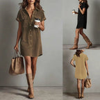 Women's retro casual corduroy short sleeve shirt dress by FitiqueFit, featuring a relaxed fit and vintage-inspired style.