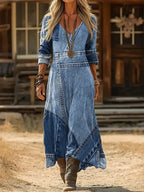 Women's retro chic 3D print V-neck long-sleeve A-line dress by FitiqueFit, featuring a stylish casualwear design.