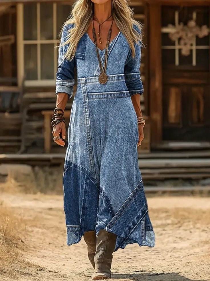 Women's retro chic 3D print V-neck long-sleeve A-line dress by FitiqueFit, featuring a stylish casualwear design.