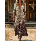 Women's retro chic 3D print V-neck long-sleeve A-line dress by FitiqueFit, featuring a stylish casualwear design.