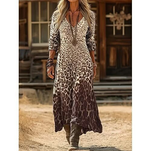 Women's retro chic 3D print V-neck long-sleeve A-line dress by FitiqueFit, featuring a stylish casualwear design.