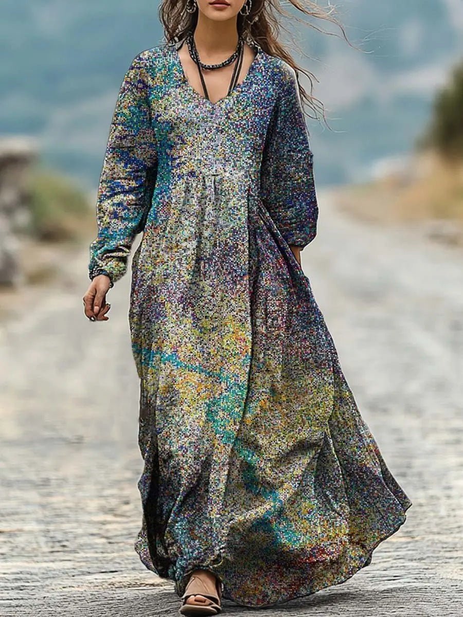 Women's retro chic 3D print V-neck long-sleeve A-line dress by FitiqueFit, featuring a stylish vintage-inspired design and casual wear style.