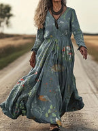 Women's retro chic 3D print V-neck long-sleeve A-line dress, casualwear by FitiqueFit, featuring vibrant retro-inspired design.