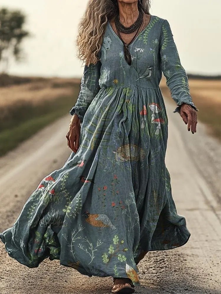 Women's retro chic 3D print V-neck long-sleeve A-line dress, casualwear by FitiqueFit, featuring vibrant retro-inspired design.