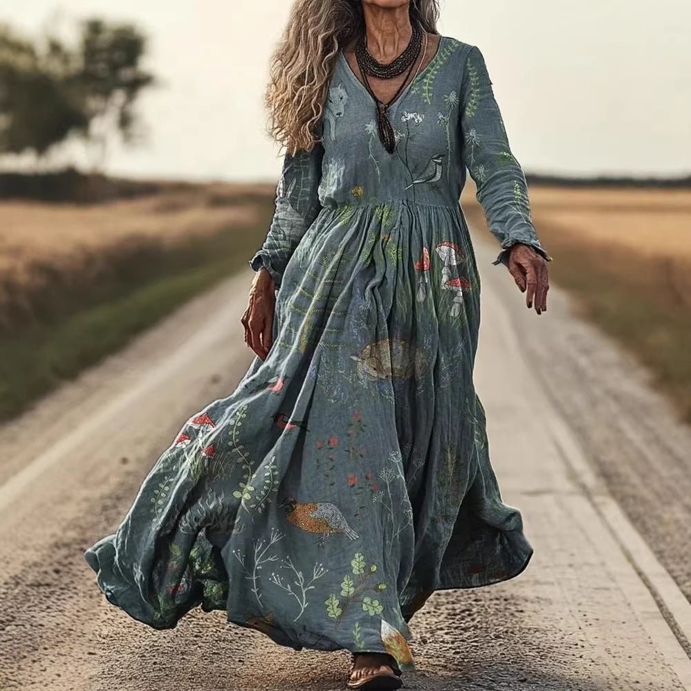Women's retro chic 3D print V-neck long-sleeve A-line dress by FitiqueFit, casualwear with vibrant design and stylish silhouette.