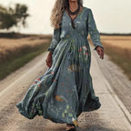 Women's retro chic 3D print V-neck long-sleeve A-line dress by FitiqueFit, casualwear with vibrant design and stylish silhouette.