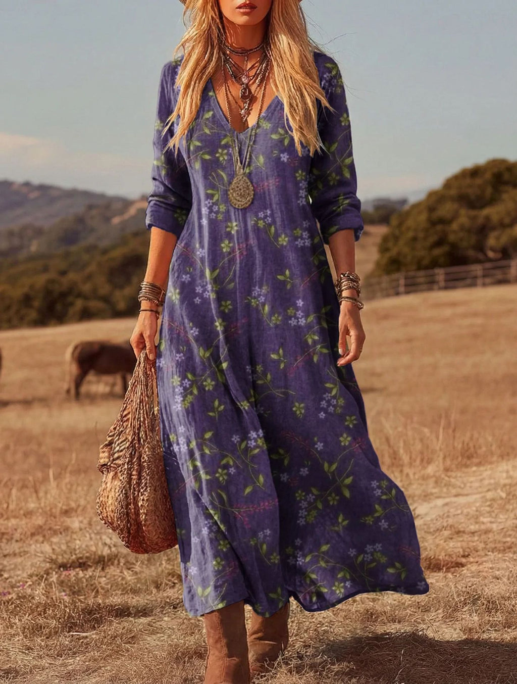 Women's retro chic 3D print V-neck long-sleeve A-line dress, casualwear by FitiqueFit, featuring vibrant 3D floral patterns.