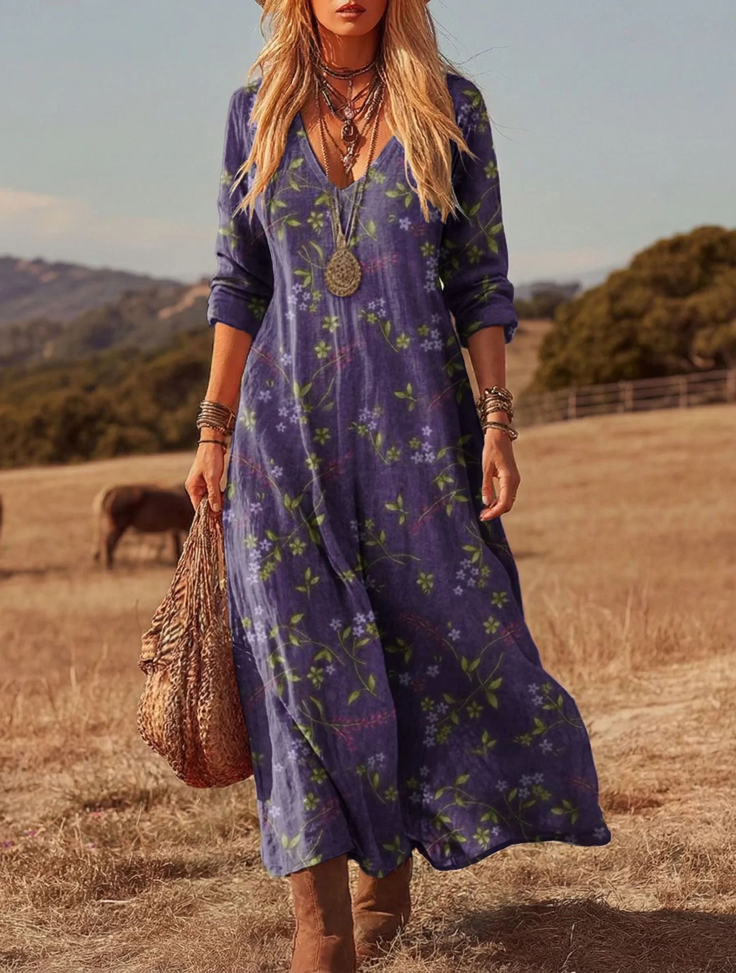 Women's retro chic 3D print V-neck long-sleeve A-line dress, casualwear by FitiqueFit, featuring vibrant 3D floral patterns.