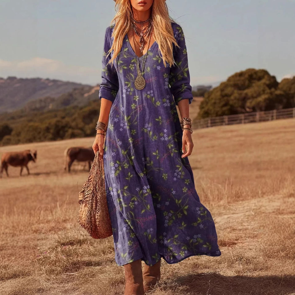 Women's retro chic 3D print V-neck long-sleeve A-line dress by FitiqueFit, showcasing a stylish casualwear design.