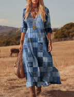 Women's retro chic 3D print V-neck long-sleeve A-line dress by FitiqueFit, featuring a stylish casualwear design and vibrant pattern.