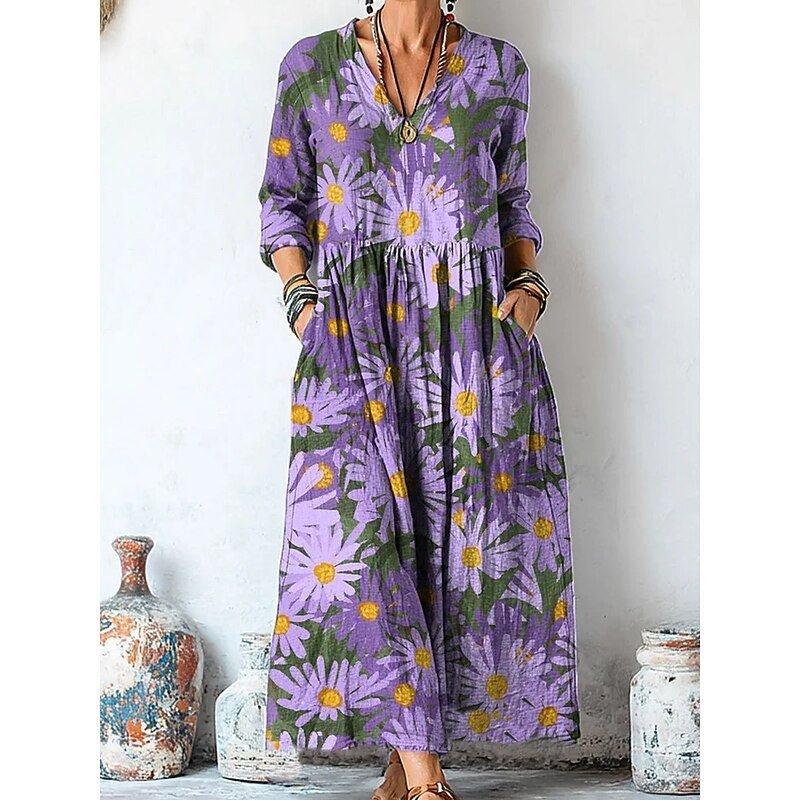 Women's retro chic 3D print V-neck long-sleeve A-line dress by FitiqueFit, featuring a stylish 3D floral pattern and casual elegance.