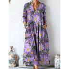 Women's retro chic 3D print V-neck long-sleeve A-line dress by FitiqueFit, featuring a stylish 3D floral pattern and casual elegance.