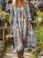 Women's retro chic 3D print V-neck long-sleeve A-line dress by FitiqueFit, casualwear with a stylish vintage-inspired design.