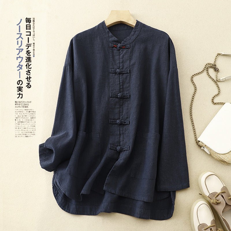 Women’s retro Chinese-style cotton and linen loose top, casualwear by FitiqueFit, shown in a relaxed fit with traditional design details.