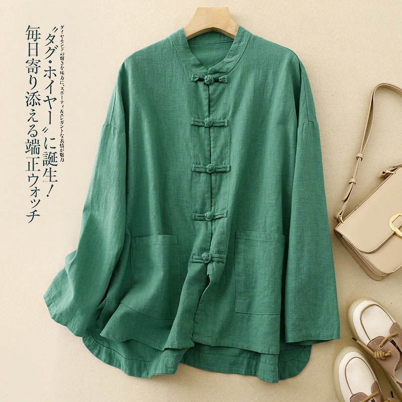 Women's retro Chinese-style cotton and linen loose top, casualwear by FitiqueFit, showcasing traditional-inspired design and relaxed fit.