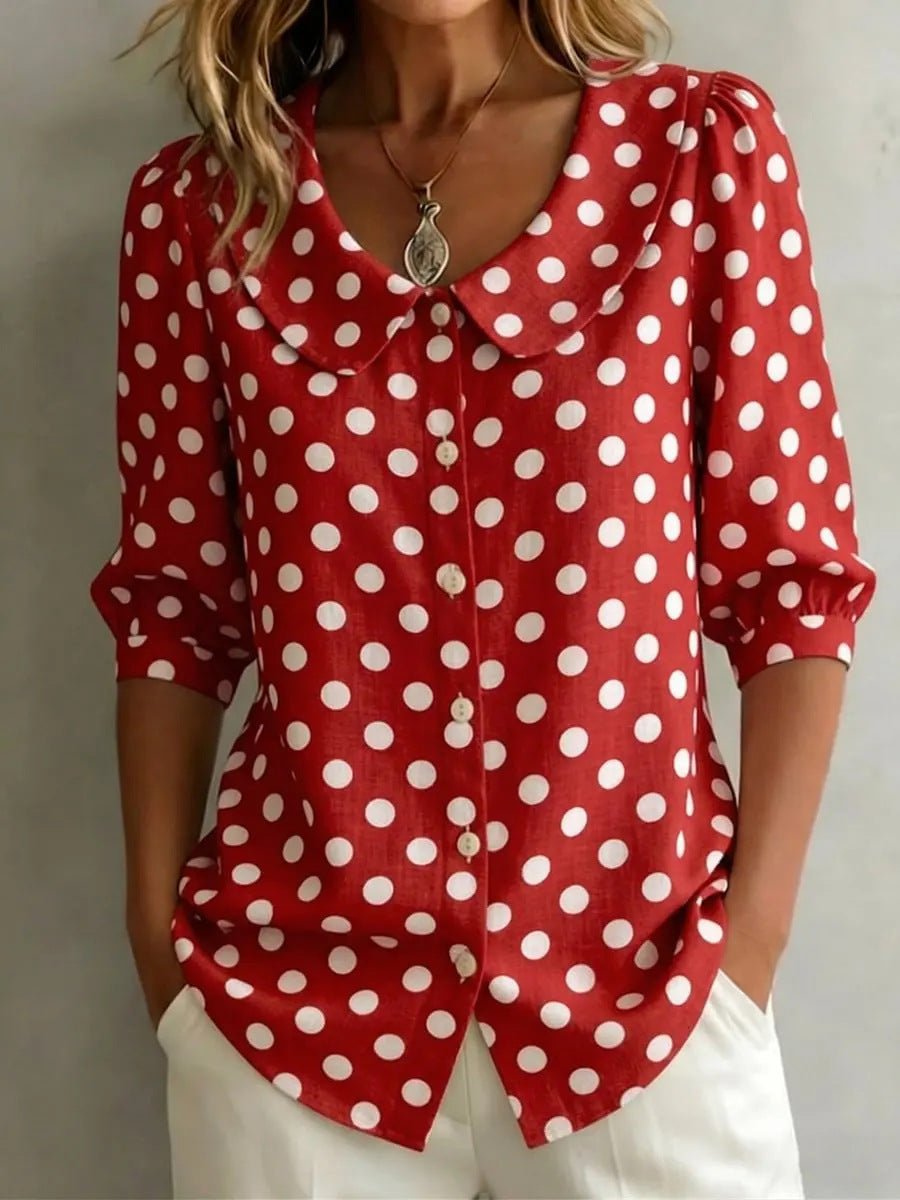 Women's retro polka dot three-quarter sleeve loose cardigan shirt by FitiqueFit, featuring a casual, vintage-inspired design.