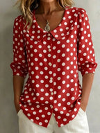 Women's retro polka dot three-quarter sleeve loose cardigan shirt by FitiqueFit, featuring a casual, vintage-inspired design.