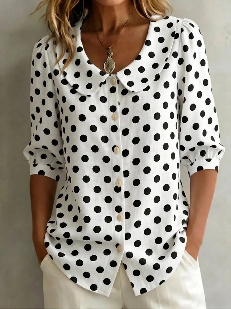 Women's retro polka dot three-quarter sleeve loose cardigan shirt from FitiqueFit, casual wear with a relaxed fit and vintage style.